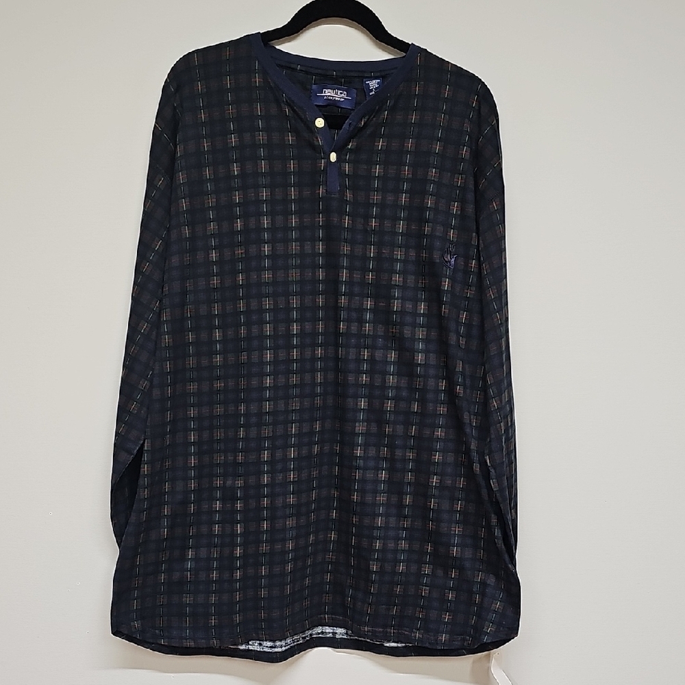 Vintage Nautica Plaid Sleep Henley Shirt, Blue Green, Size Large, NEW